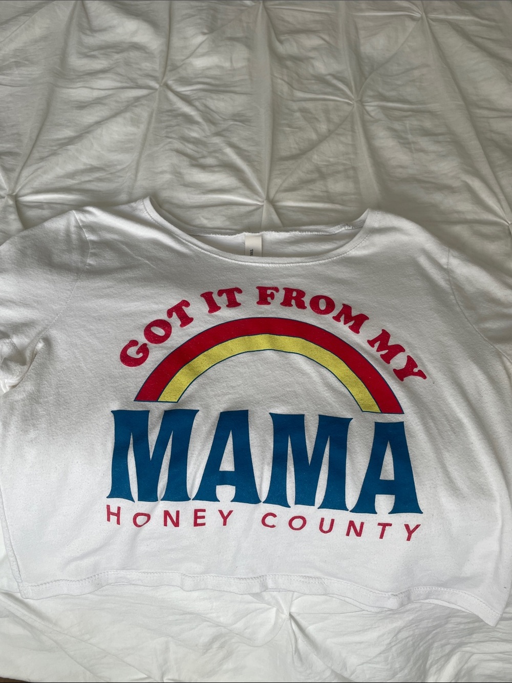 Bella Canvas White Crop Tee with Red, Yellow & Blue Graphic "Mama"